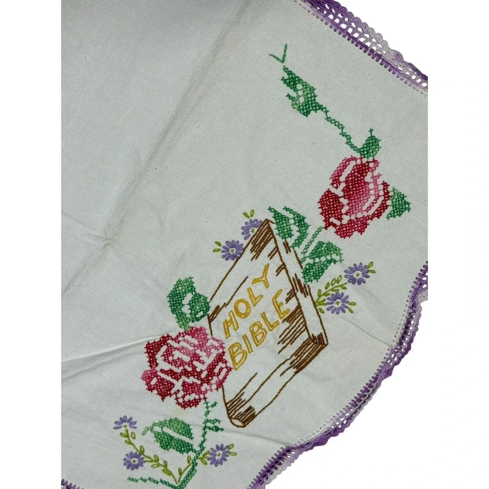 Vintage Cross Stitch Tea Towel Floral Bible Scripture‎ Linen Farmhouse
